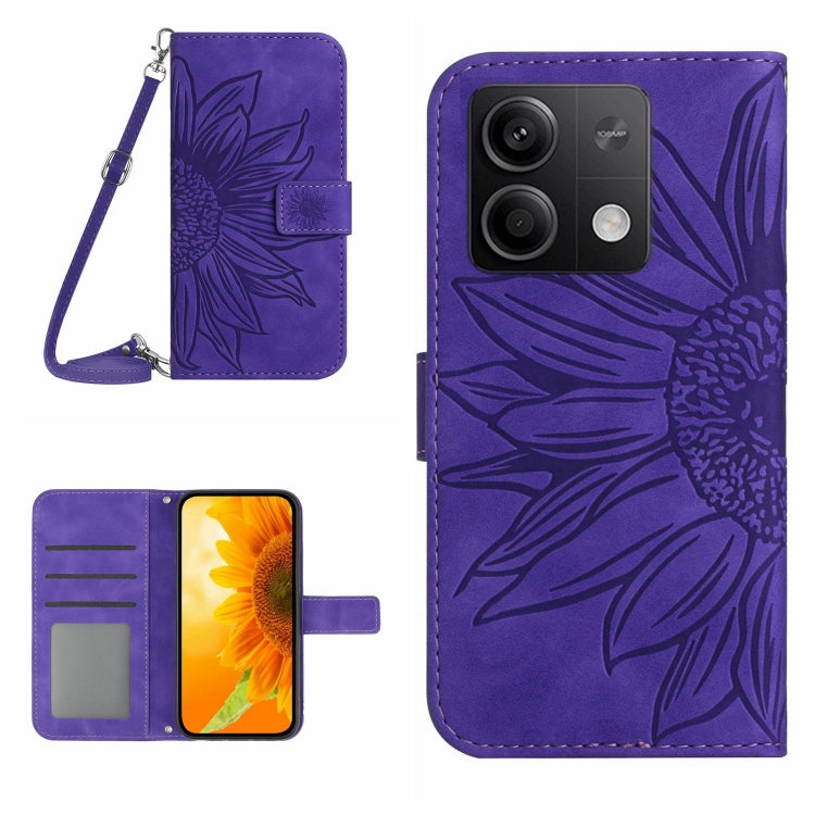 For Xiaomi Redmi Note 13 4G Global Skin Feel Sun Flower Embossed Flip Leather Phone Case with Lanyard(Dark Purple) - Note 13 Cases by PMC TechLife | Online Shopping South Africa | PMC TechLife | Buy Now Pay Later Mobicred