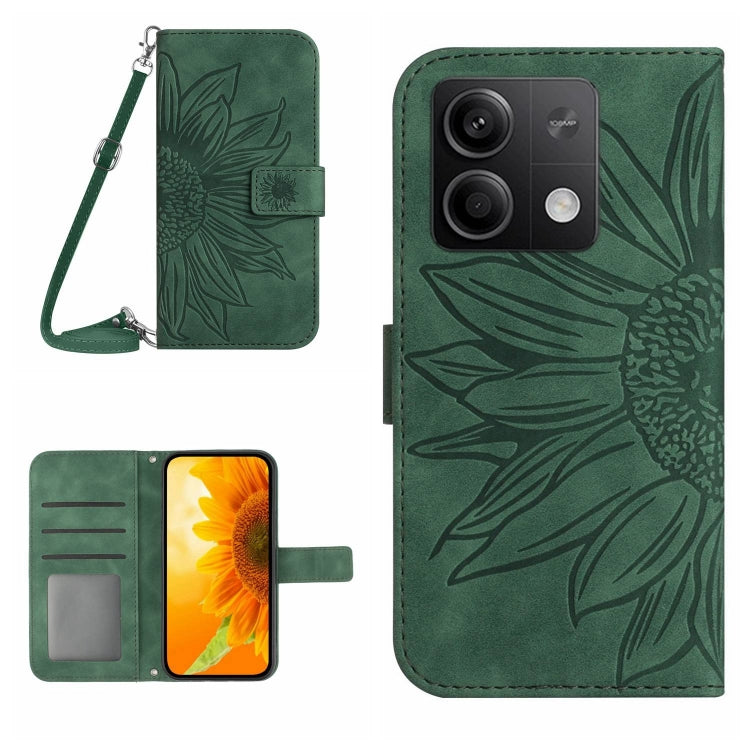 For Xiaomi Redmi Note 13 4G Global Skin Feel Sun Flower Embossed Flip Leather Phone Case with Lanyard(Green) - Note 13 Cases by PMC TechLife | Online Shopping South Africa | PMC TechLife | Buy Now Pay Later Mobicred