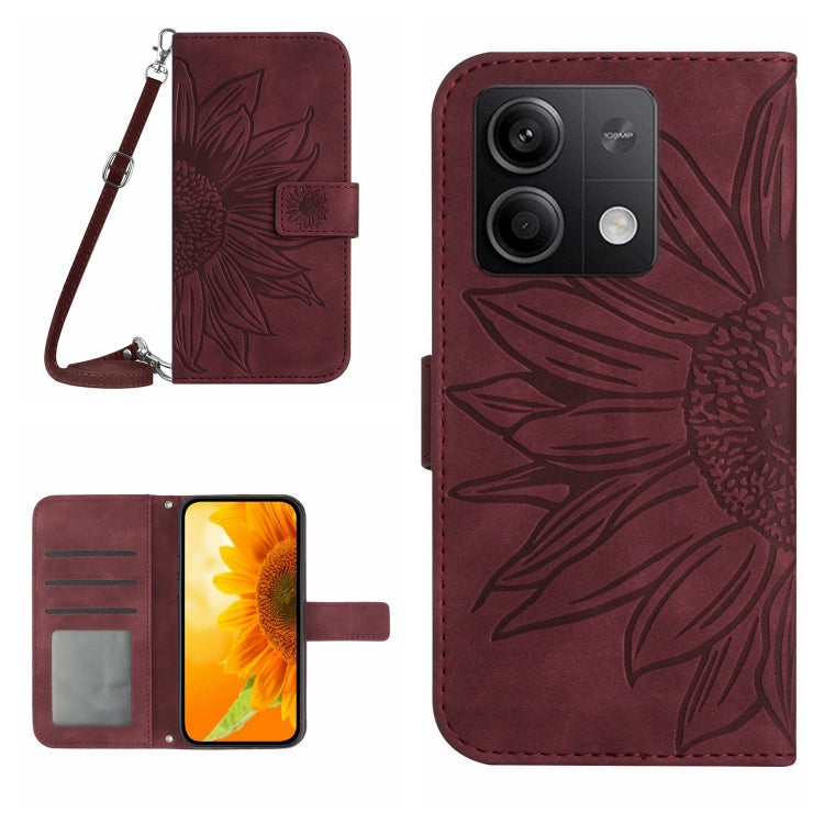 For Xiaomi Redmi Note 13 4G Global Skin Feel Sun Flower Embossed Flip Leather Phone Case with Lanyard(Wine Red) - Note 13 Cases by PMC TechLife | Online Shopping South Africa | PMC TechLife | Buy Now Pay Later Mobicred