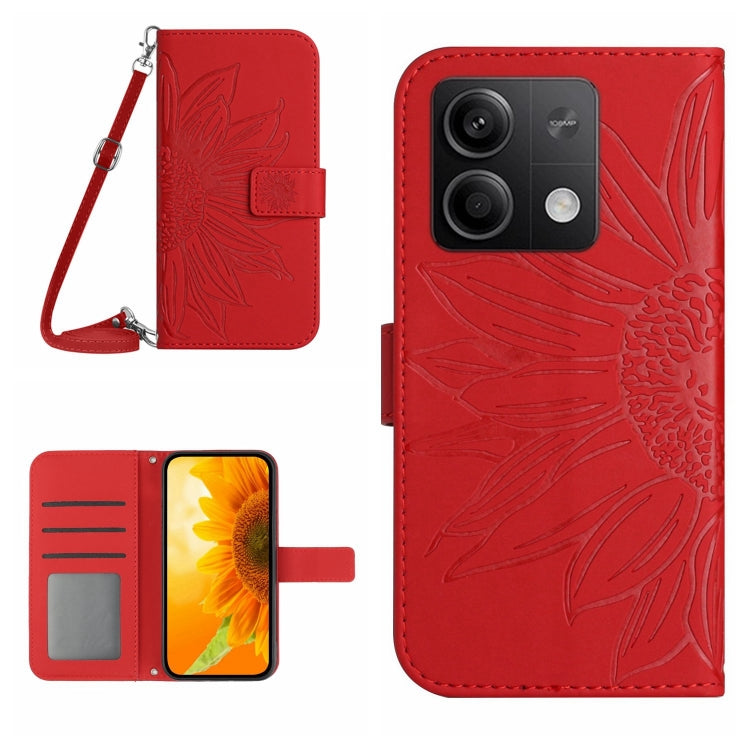 For Xiaomi Redmi Note 13 4G Global Skin Feel Sun Flower Embossed Flip Leather Phone Case with Lanyard(Red) - Note 13 Cases by PMC TechLife | Online Shopping South Africa | PMC TechLife | Buy Now Pay Later Mobicred