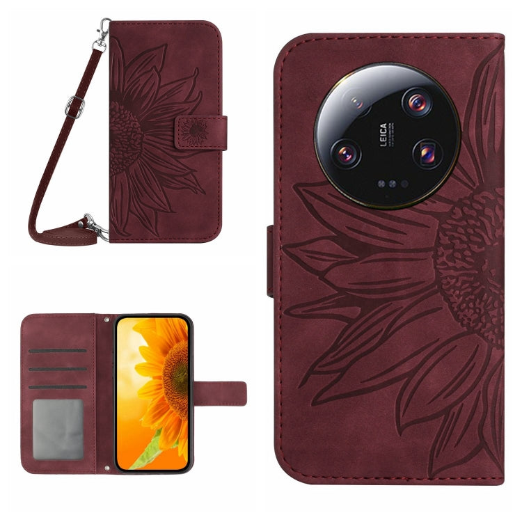 For Xiaomi 14 Ultra Skin Feel Sun Flower Embossed Flip Leather Phone Case with Lanyard(Wine Red) - 14 Ultra Cases by PMC TechLife | Online Shopping South Africa | PMC TechLife | Buy Now Pay Later Mobicred