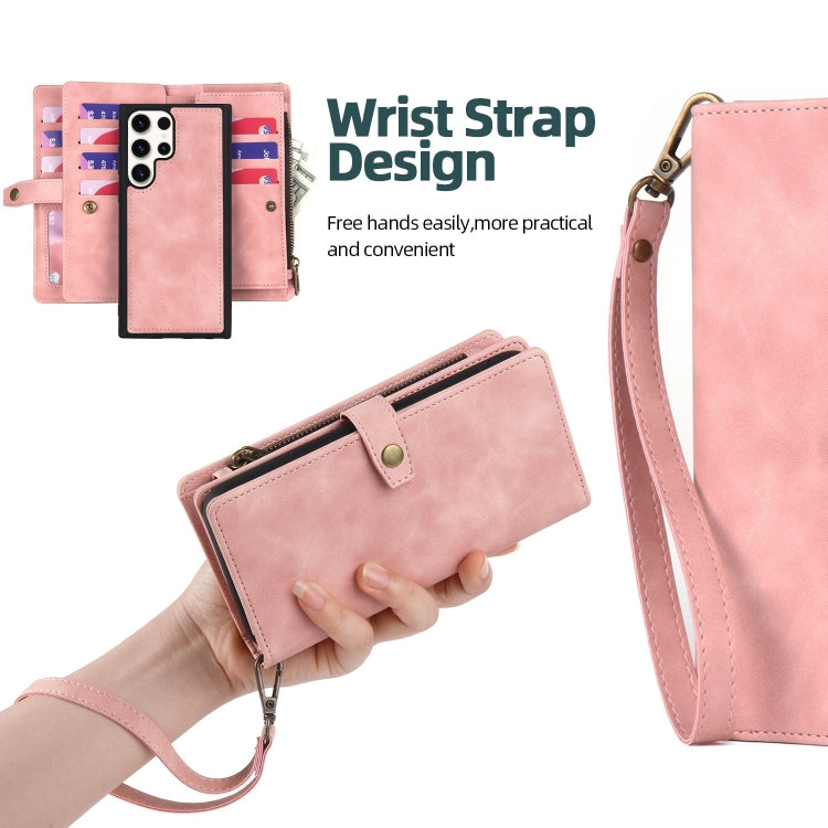 For Samsung Galaxy S23 Ultra 5G Zipper Wallet Detachable MagSafe Leather Phone Case(Pink) - Galaxy S23 Ultra 5G Cases by PMC TechLife | Online Shopping South Africa | PMC TechLife