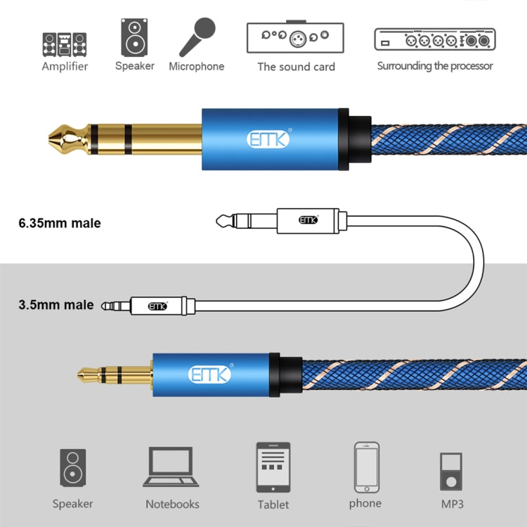 EMK 3.5mm Jack Male to 6.35mm Jack Male Gold Plated Connector Nylon Braid AUX Cable for Computer / X-BOX / PS3 / CD / DVD, Cable Length:1.5m(Dark Blue) - Audio Optical Cables by EMK | Online Shopping South Africa | PMC TechLife | Buy Now Pay Later Mobicred