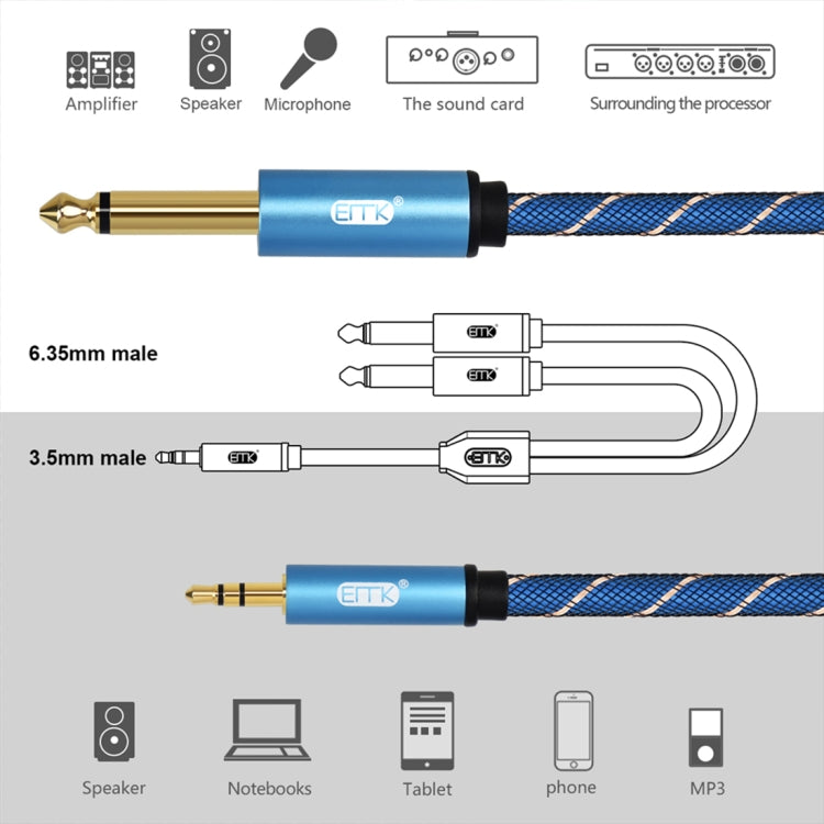 EMK 3.5mm Jack Male to 2 x 6.35mm Jack Male Gold Plated Connector Nylon Braid AUX Cable for Computer / X-BOX / PS3 / CD / DVD, Cable Length:2m(Dark Blue) - free shipping - PMC Jewellery - Order now!