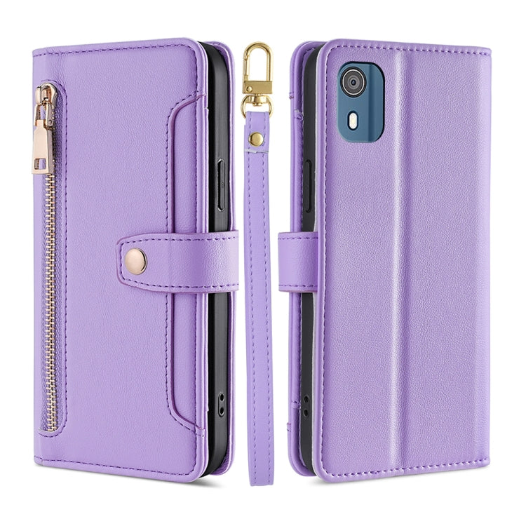 For Nokia C02 TA-1522 Lite Sheep Texture Cross-body Zipper Wallet Leather Phone Case(Purple) - Nokia Cases by PMC TechLife | Online Shopping South Africa | PMC TechLife | Buy Now Pay Later Mobicred
