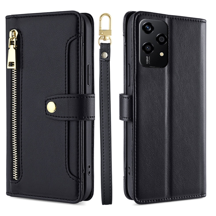 For Honor 200 Lite 5G Global Sheep Texture Cross-body Zipper Wallet Leather Phone Case(Black) - Honor Cases by PMC TechLife | Online Shopping South Africa | PMC TechLife | Buy Now Pay Later Mobicred