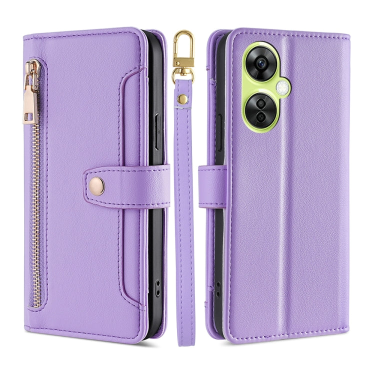 For OnePlus Nord CE 3 Lite 5G Sheep Texture Cross-body Zipper Wallet Leather Phone Case(Purple) - OnePlus Cases by PMC TechLife | Online Shopping South Africa | PMC TechLife | Buy Now Pay Later Mobicred