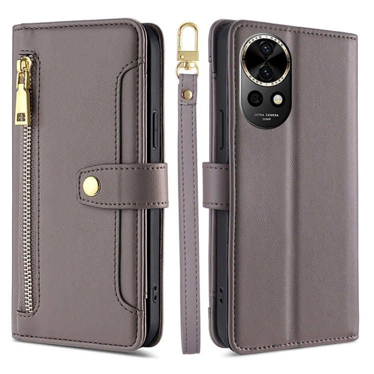 For Huawei nova 12 5G Sheep Texture Cross-body Zipper Wallet Leather Phone Case(Grey) - Huawei Cases by PMC TechLife | Online Shopping South Africa | PMC TechLife | Buy Now Pay Later Mobicred