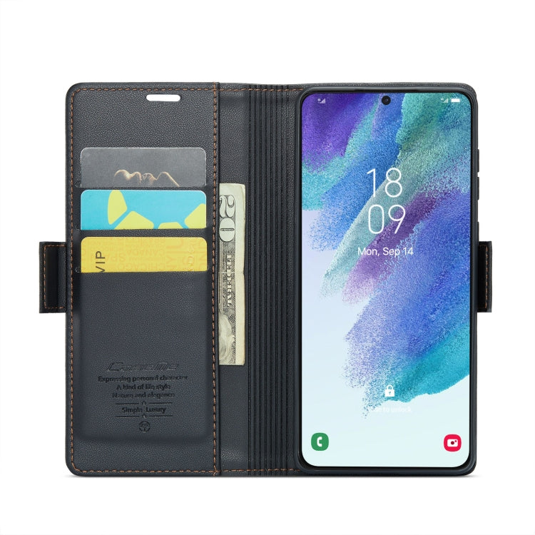 For Samsung Galaxy S21 FE 5G CaseMe 023 Butterfly Buckle Litchi Texture RFID Anti-theft Leather Phone Case(Black) - free shipping - PMC TechLife - Order now!