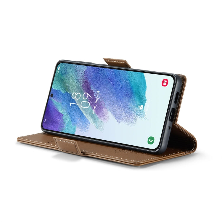 For Samsung Galaxy S21 FE 5G CaseMe 023 Butterfly Buckle Litchi Texture RFID Anti-theft Leather Phone Case(Brown) - free shipping - PMC TechLife - Order now!