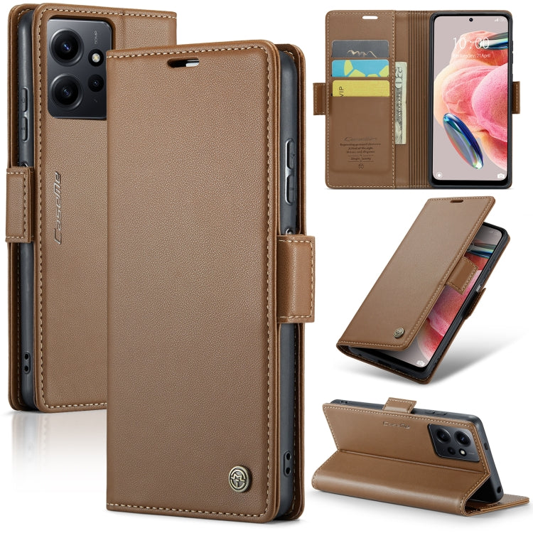 For Xiaomi Redmi Note 12 4G Global CaseMe 023 Butterfly Buckle Litchi Texture RFID Anti-theft Leather Phone Case(Brown) - free shipping - PMC Jewellery - Order now!