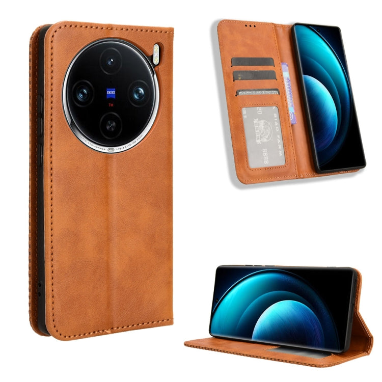For vivo X100 Pro 5G Magnetic Buckle Retro Texture Leather Phone Case(Brown) - X100 Pro Cases by PMC TechLife | Online Shopping South Africa | PMC TechLife | Buy Now Pay Later Mobicred