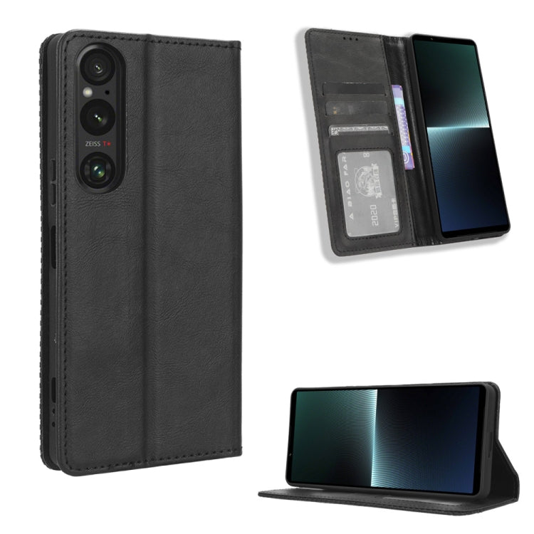 For Sony Xperia 1 V Magnetic Buckle Retro Texture Leather Phone Case(Black) - Sony Cases by PMC TechLife | Online Shopping South Africa | PMC TechLife | Buy Now Pay Later Mobicred