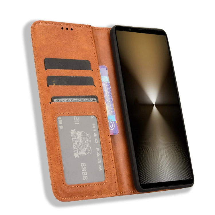 For Sony Xperia 1 VI 2024 Magnetic Buckle Retro Texture Leather Phone Case(Brown) - Sony Cases by PMC Jewellery | Online Shopping South Africa | PMC Jewellery | Buy Now Pay Later Mobicred