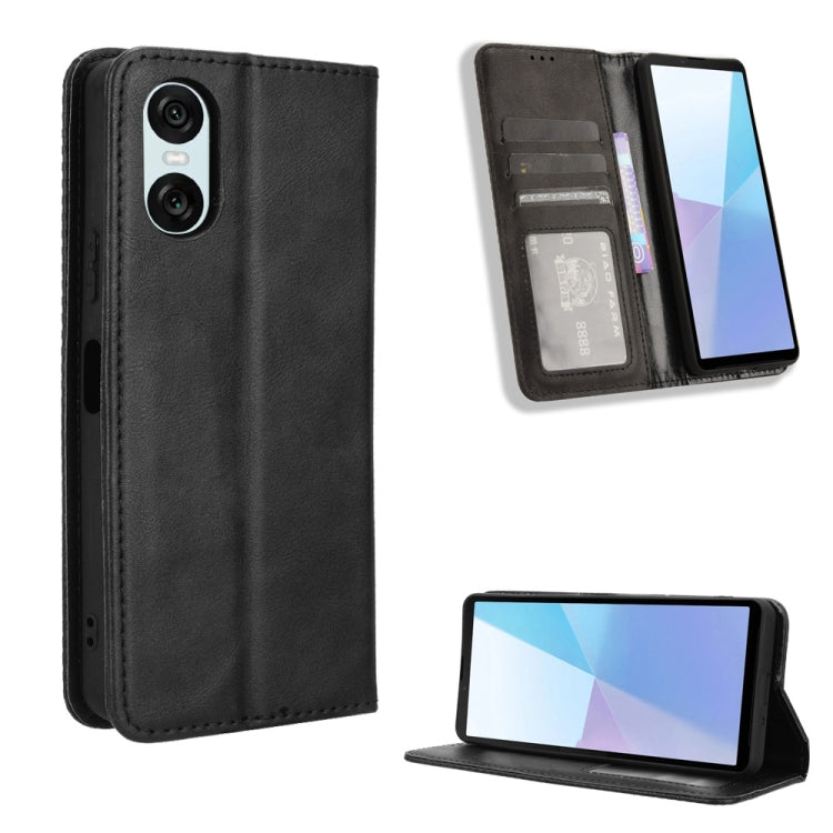 For Sony Xperia 10 VI 2024 Magnetic Buckle Retro Texture Leather Phone Case(Black) - Sony Cases by PMC Jewellery | Online Shopping South Africa | PMC Jewellery | Buy Now Pay Later Mobicred