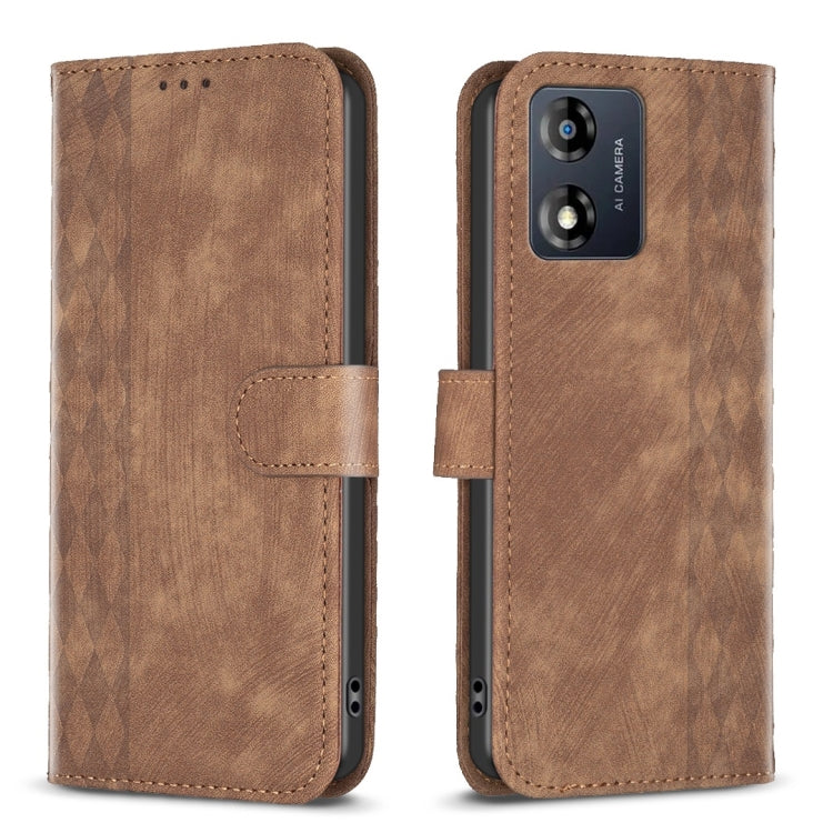 For Motorola Moto E13 4G Plaid Embossed Leather Phone Case(Brown) - Motorola Cases by PMC TechLife | Online Shopping South Africa | PMC TechLife | Buy Now Pay Later Mobicred