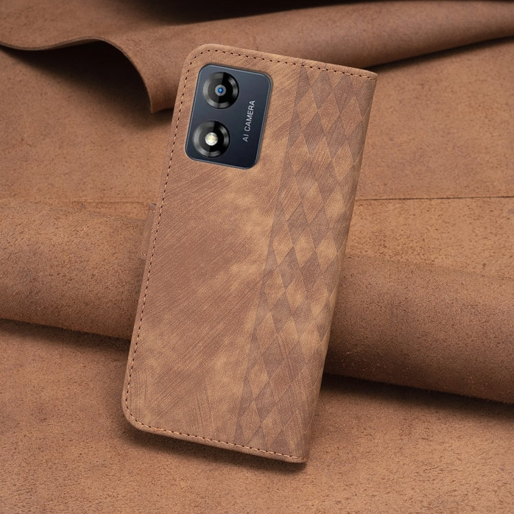 For Motorola Moto E13 4G Plaid Embossed Leather Phone Case(Brown) - Motorola Cases by PMC TechLife | Online Shopping South Africa | PMC TechLife | Buy Now Pay Later Mobicred