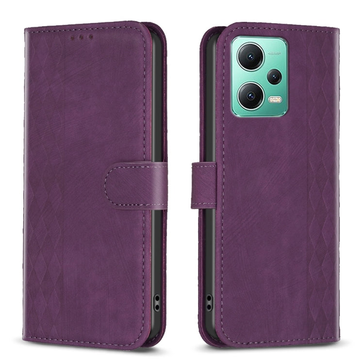 For Xiaomi Redmi Note 12 5G Global Plaid Embossed Leather Phone Case(Purple) - Xiaomi Cases by PMC TechLife | Online Shopping South Africa | PMC TechLife | Buy Now Pay Later Mobicred