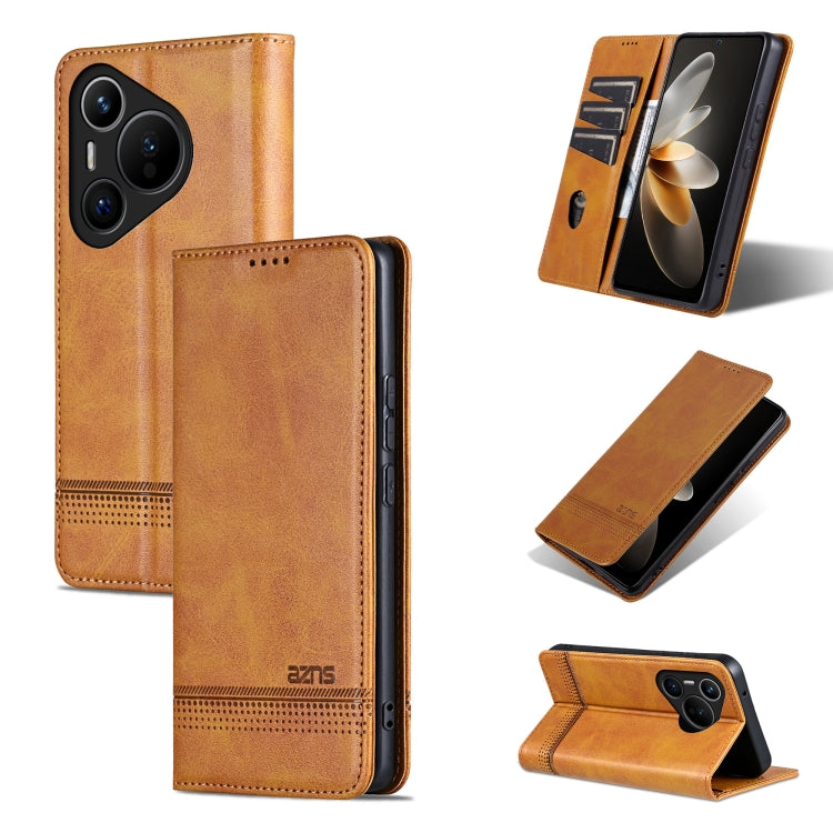 For Huawei Pura 70 Fine Hole AZNS Magnetic Calf Texture Flip Leather Phone Case(Light Brown) - free shipping - PMC Jewellery - Order now!