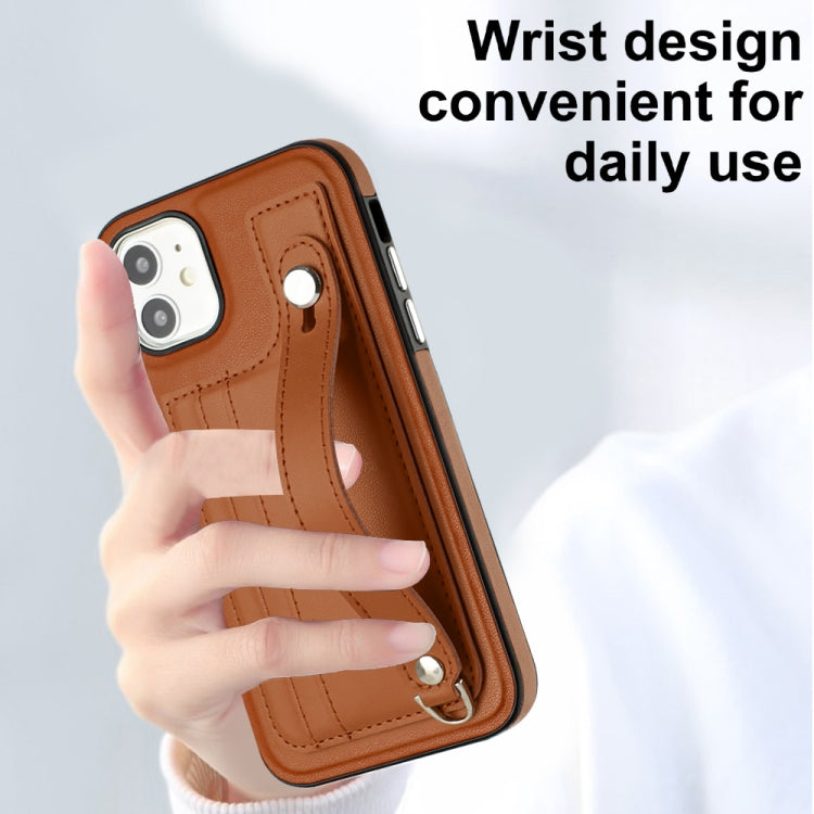For iPhone 11 Shockproof Leather Phone Case with Wrist Strap(Brown) - iPhone 11 Cases by PMC TechLife | Online Shopping South Africa | PMC TechLife | Buy Now Pay Later Mobicred