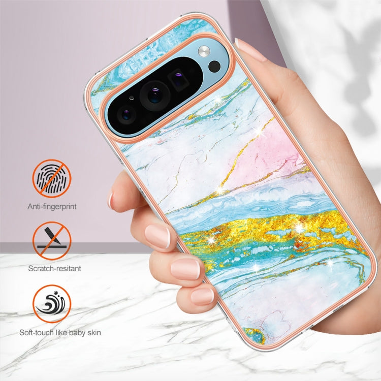 For Google Pixel 9 / 9 Pro Electroplating Marble Dual-side IMD Phone Case(Green 004) - Google Cases by PMC TechLife | Online Shopping South Africa | PMC TechLife | Buy Now Pay Later Mobicred