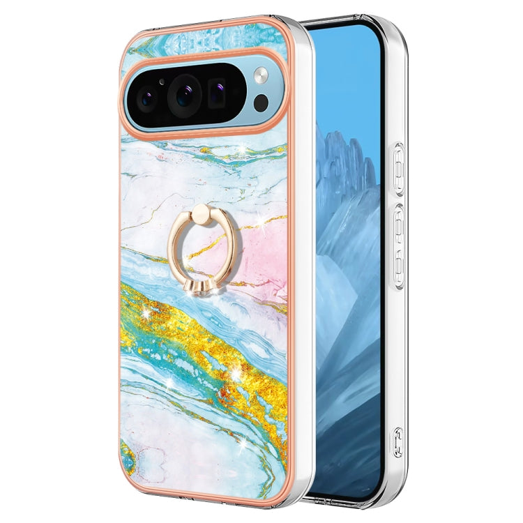 For Google Pixel 9 Pro XL Electroplating Marble IMD TPU Phone Case with Ring Holder(Green 004) - Google Cases by PMC TechLife | Online Shopping South Africa | PMC TechLife | Buy Now Pay Later Mobicred
