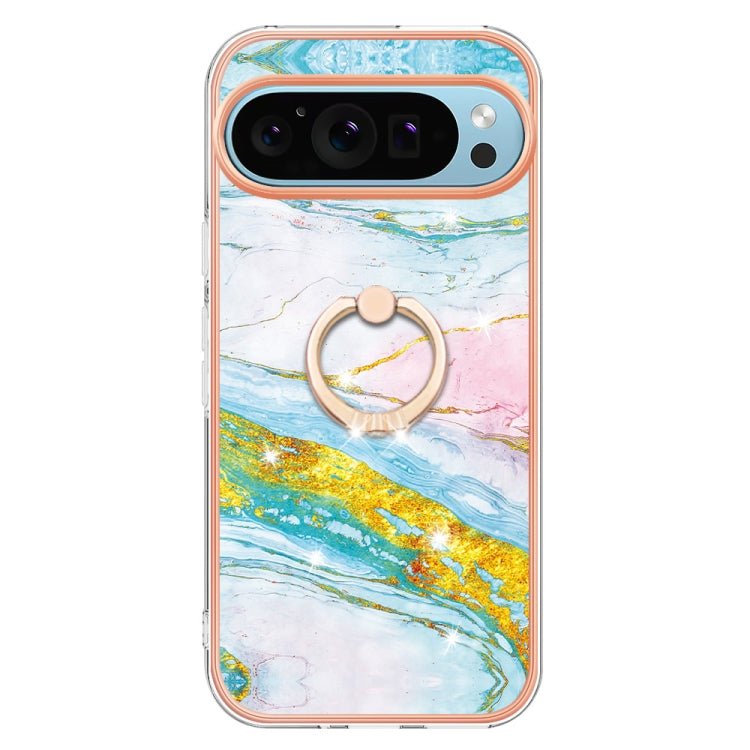 For Google Pixel 9 Pro XL Electroplating Marble IMD TPU Phone Case with Ring Holder(Green 004) - Google Cases by PMC TechLife | Online Shopping South Africa | PMC TechLife | Buy Now Pay Later Mobicred