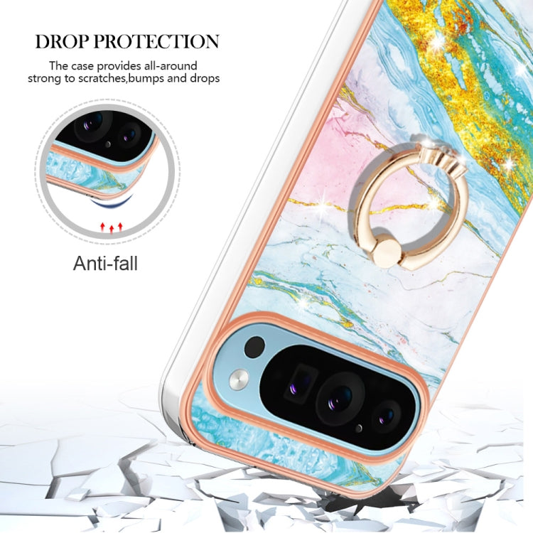 For Google Pixel 9 Pro XL Electroplating Marble IMD TPU Phone Case with Ring Holder(Green 004) - Google Cases by PMC TechLife | Online Shopping South Africa | PMC TechLife | Buy Now Pay Later Mobicred
