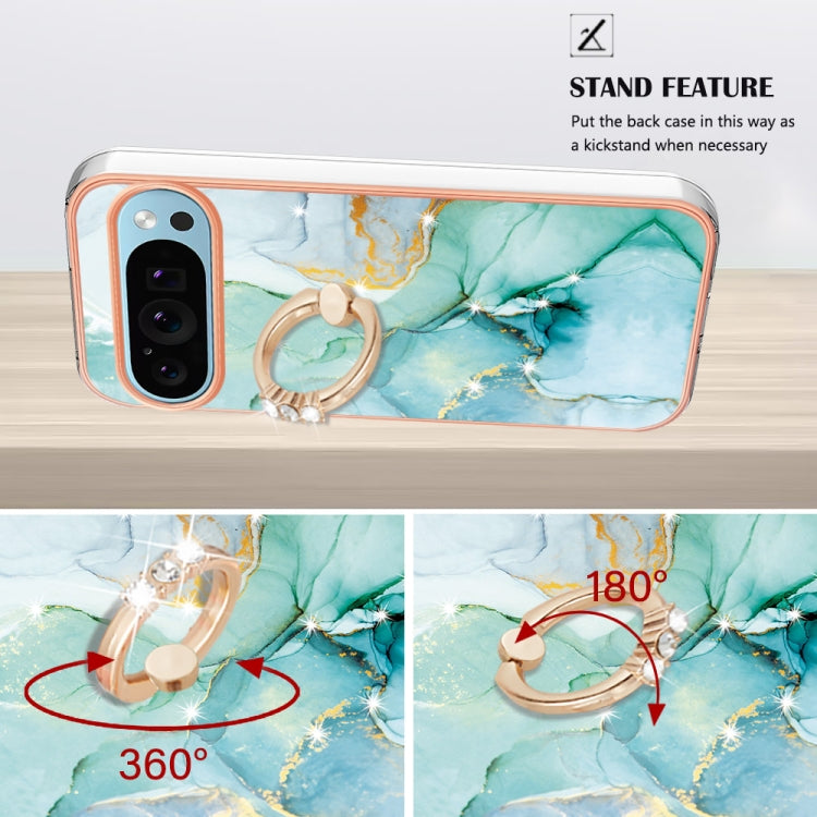 For Google Pixel 9 Pro XL Electroplating Marble IMD TPU Phone Case with Ring Holder(Green 003) - free shipping - PMC TechLife - Order now!