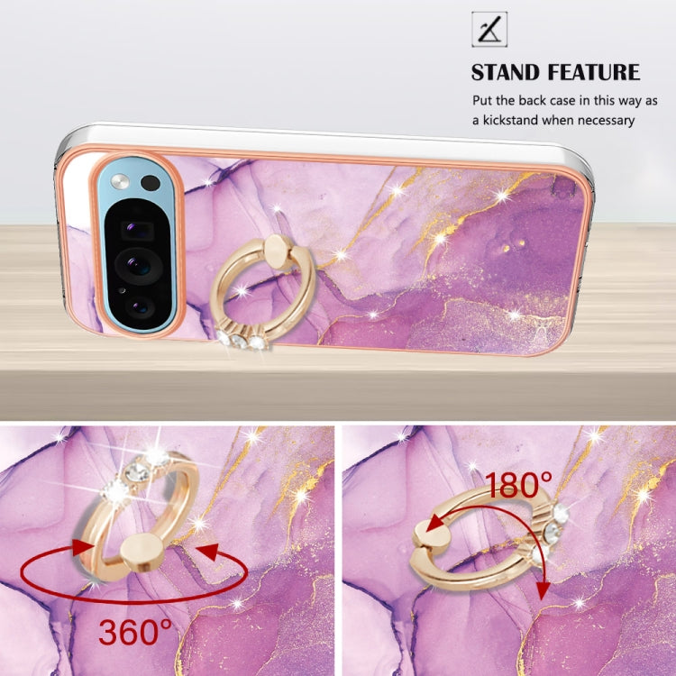 For Google Pixel 9 Pro XL Electroplating Marble IMD TPU Phone Case with Ring Holder(Purple 001) - Google Cases by PMC TechLife | Online Shopping South Africa | PMC TechLife | Buy Now Pay Later Mobicred