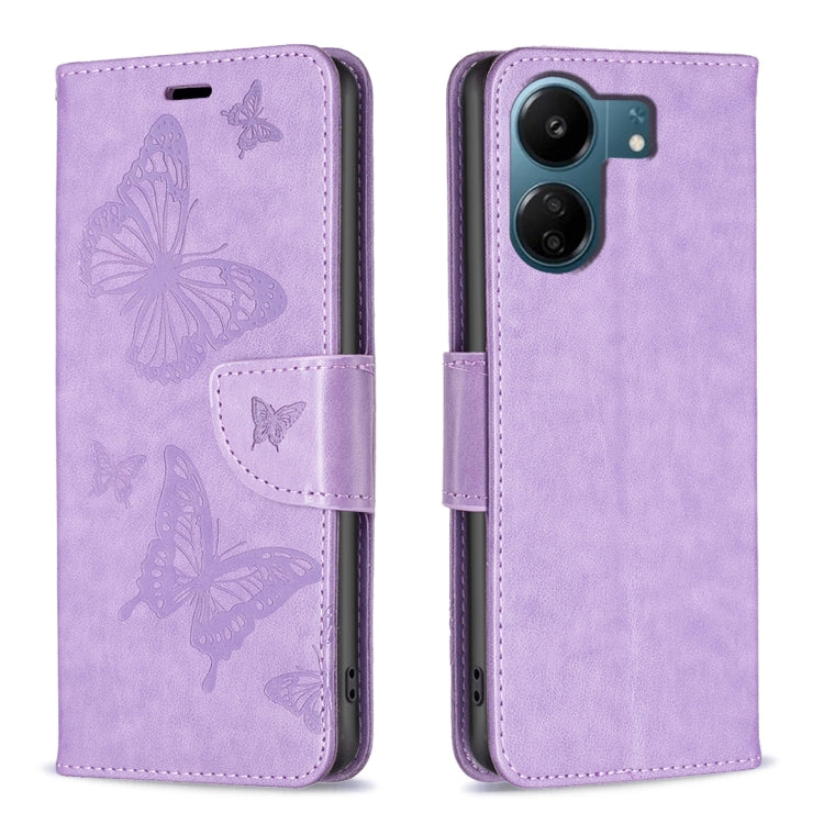 For Xiaomi Redmi 13C Two Butterflies Embossing Leather Phone Case(Purple) - 13C Cases by PMC TechLife | Online Shopping South Africa | PMC TechLife