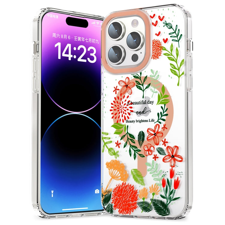 For iPhone 15 Pro MagSafe Magnetic TPU Phone Case(Red Flowers and Green Leaves) - iPhone 15 Pro Cases by PMC TechLife | Online Shopping South Africa | PMC TechLife