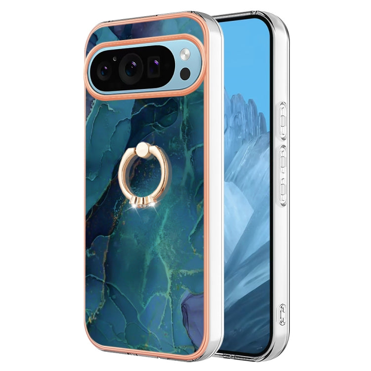 For Google Pixel 9 / 9 Pro Electroplating Marble Dual-side IMD Phone Case with Ring(Green 017) - Google Cases by PMC TechLife | Online Shopping South Africa | PMC TechLife | Buy Now Pay Later Mobicred