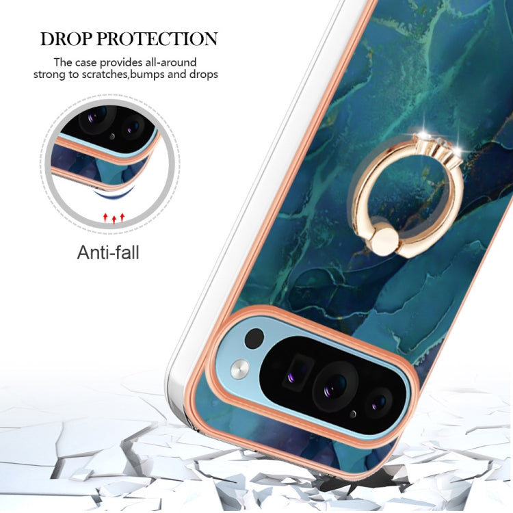 For Google Pixel 9 / 9 Pro Electroplating Marble Dual-side IMD Phone Case with Ring(Green 017) - Google Cases by PMC TechLife | Online Shopping South Africa | PMC TechLife | Buy Now Pay Later Mobicred