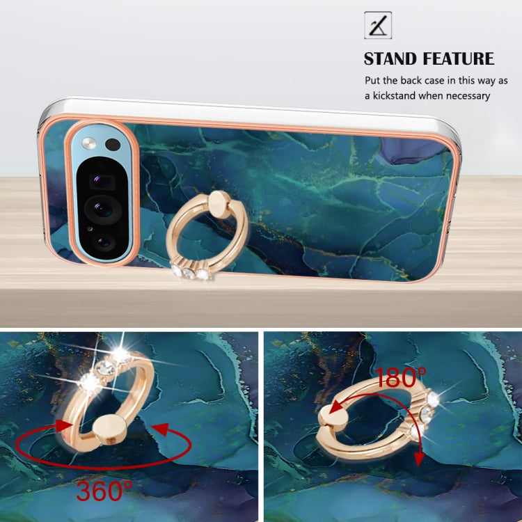 For Google Pixel 9 Pro XL Electroplating Marble Dual-side IMD Phone Case with Ring(Green 017) - Google Cases by PMC TechLife | Online Shopping South Africa | PMC TechLife | Buy Now Pay Later Mobicred