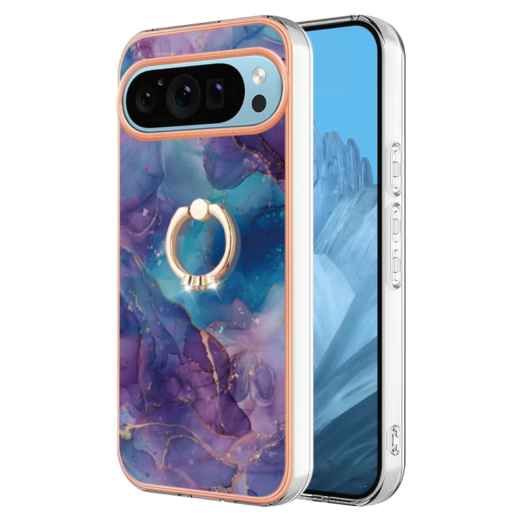 For Google Pixel 9 Pro XL Electroplating Marble Dual-side IMD Phone Case with Ring(Purple 016) - Google Cases by PMC TechLife | Online Shopping South Africa | PMC TechLife | Buy Now Pay Later Mobicred