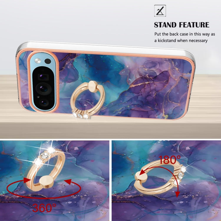 For Google Pixel 9 Pro XL Electroplating Marble Dual-side IMD Phone Case with Ring(Purple 016) - Google Cases by PMC TechLife | Online Shopping South Africa | PMC TechLife | Buy Now Pay Later Mobicred