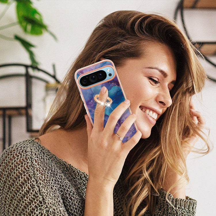 For Google Pixel 9 Pro XL Electroplating Marble Dual-side IMD Phone Case with Ring(Purple 016) - Google Cases by PMC TechLife | Online Shopping South Africa | PMC TechLife | Buy Now Pay Later Mobicred