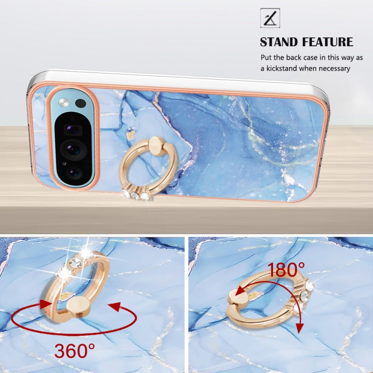 For Google Pixel 9 Pro XL Electroplating Marble Dual-side IMD Phone Case with Ring(Blue 018) - Google Cases by PMC TechLife | Online Shopping South Africa | PMC TechLife | Buy Now Pay Later Mobicred