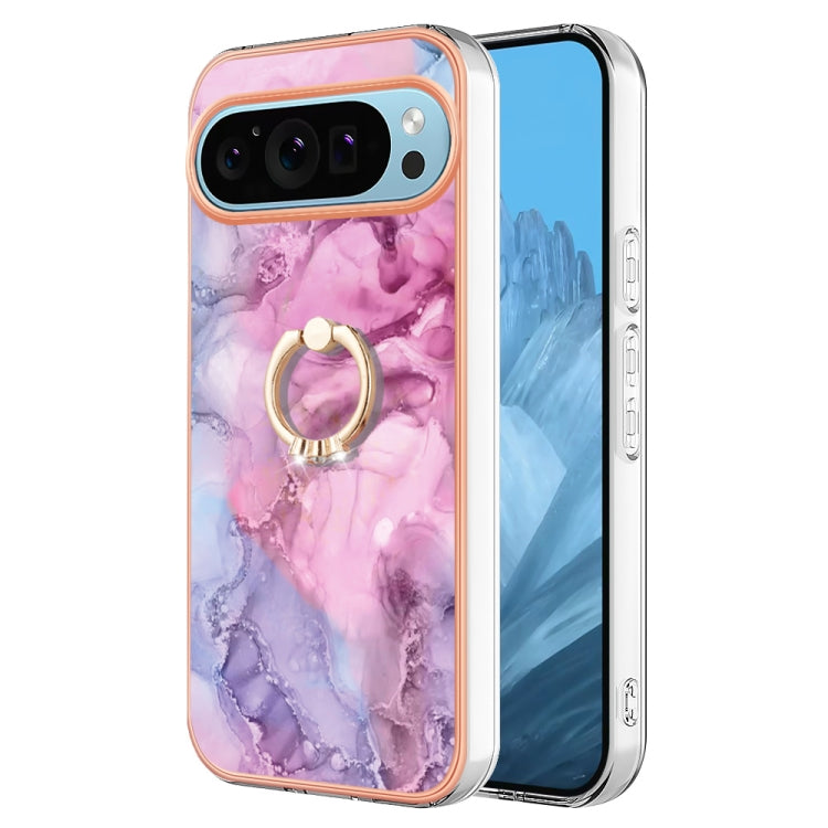 For Google Pixel 9 Pro XL Electroplating Marble Dual-side IMD Phone Case with Ring(Pink 013) - Google Cases by PMC TechLife | Online Shopping South Africa | PMC TechLife | Buy Now Pay Later Mobicred