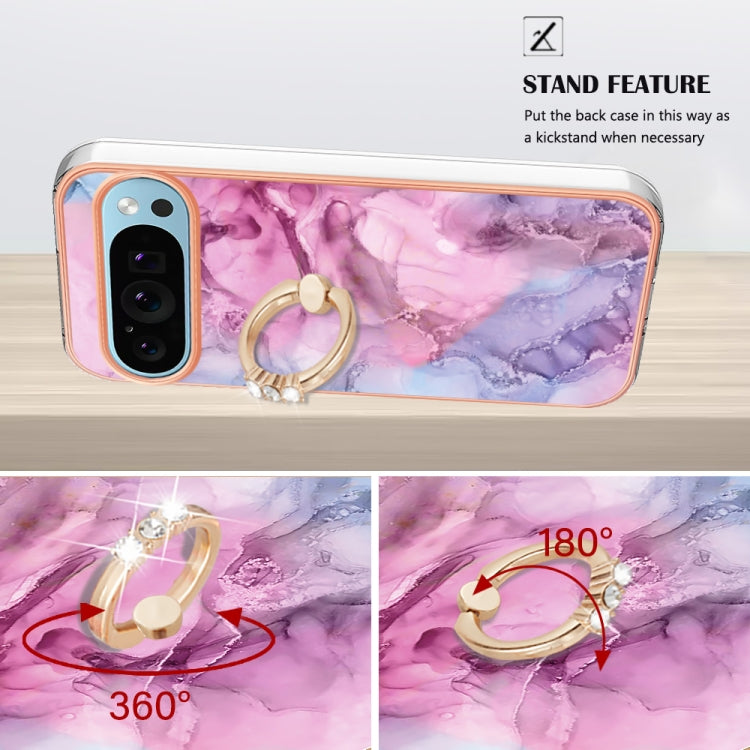 For Google Pixel 9 Pro XL Electroplating Marble Dual-side IMD Phone Case with Ring(Pink 013) - Google Cases by PMC TechLife | Online Shopping South Africa | PMC TechLife | Buy Now Pay Later Mobicred