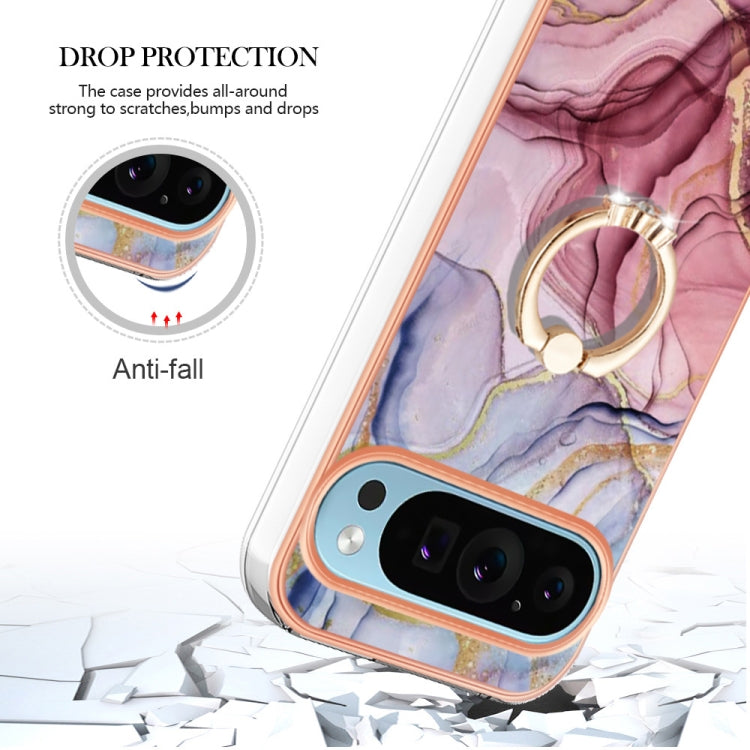 For Google Pixel 9 Pro XL Electroplating Marble Dual-side IMD Phone Case with Ring(Rose Red 014) - Google Cases by PMC TechLife | Online Shopping South Africa | PMC TechLife | Buy Now Pay Later Mobicred
