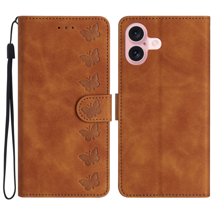 For iPhone 16 Seven Butterflies Embossed Leather Phone Case(Brown) - iPhone 16 Cases by PMC TechLife | Online Shopping South Africa | PMC TechLife | Buy Now Pay Later Mobicred