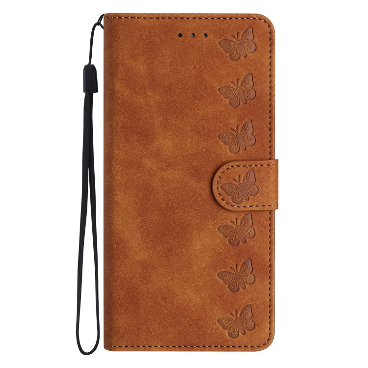 For iPhone 16 Seven Butterflies Embossed Leather Phone Case(Brown) - iPhone 16 Cases by PMC TechLife | Online Shopping South Africa | PMC TechLife | Buy Now Pay Later Mobicred