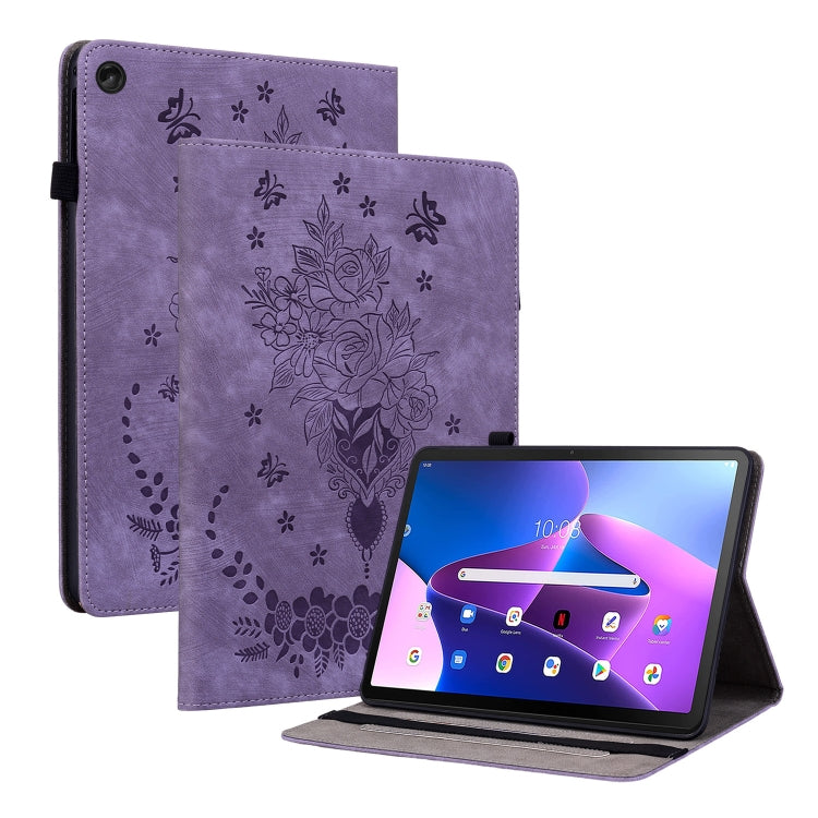 For Lenovo Tab M10 10.1 3rd Gen Butterfly Rose Embossed Leather Tablet Case(Purple) - Lenovo by PMC TechLife | Online Shopping South Africa | PMC TechLife | Buy Now Pay Later Mobicred