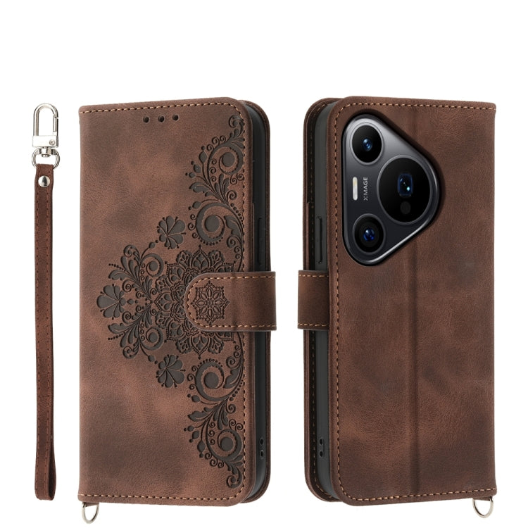 For Huawei Pura 70 Pro / Pura 70 Pro+ Skin-feel Flowers Embossed Wallet Leather Phone Case(Brown) - Huawei Cases by PMC Jewellery | Online Shopping South Africa | PMC Jewellery | Buy Now Pay Later Mobicred