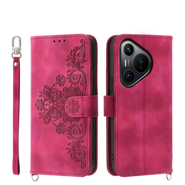 For Huawei Pura 70 Skin Feel Flowers Embossed Wallet Leather Phone Case(Wine Red) - free shipping - PMC Jewellery - Order now!