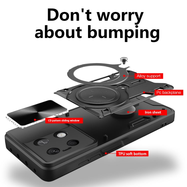 For Xiaomi Redmi Note 13 5G CD Texture Sliding Camshield Magnetic Holder Phone Case(Black) - Note 13 Cases by PMC TechLife | Online Shopping South Africa | PMC TechLife | Buy Now Pay Later Mobicred