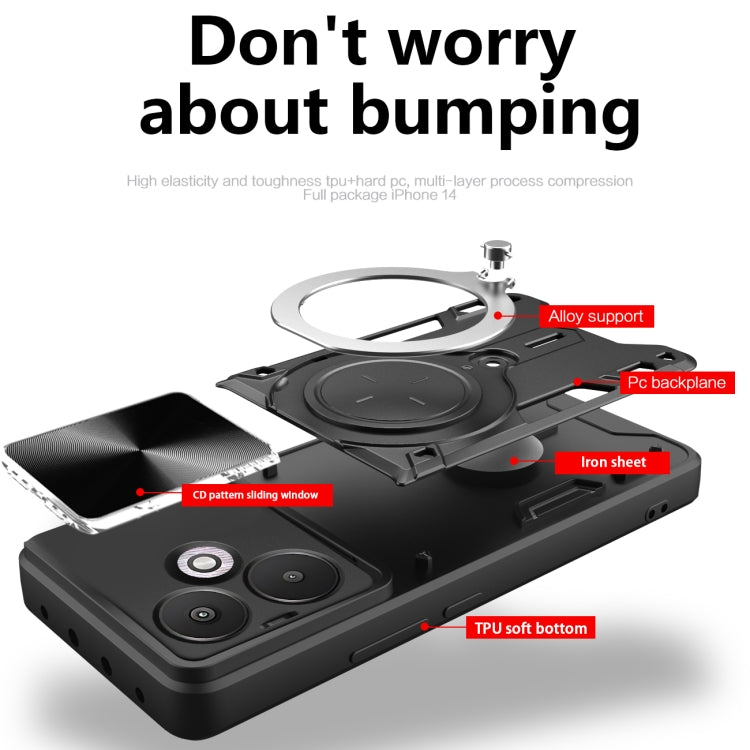 For Xiaomi Redmi 13C 5G Global CD Texture Sliding Camshield Magnetic Holder Phone Case(Black) - 13C Cases by PMC TechLife | Online Shopping South Africa | PMC TechLife | Buy Now Pay Later Mobicred