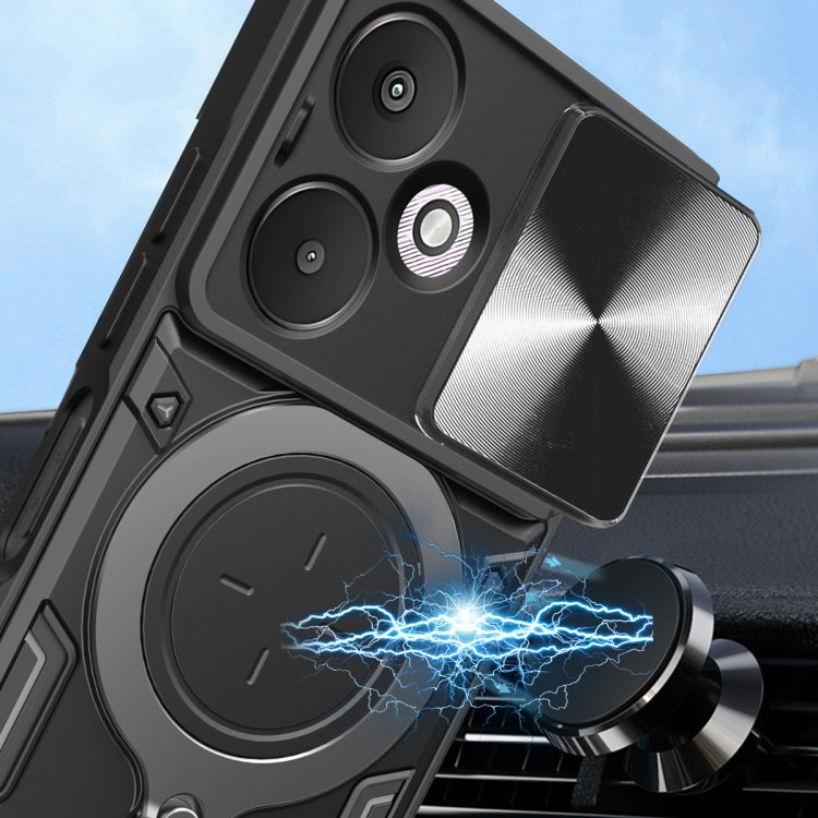 For Xiaomi Redmi 13C 5G Global CD Texture Sliding Camshield Magnetic Holder Phone Case(Black) - 13C Cases by PMC TechLife | Online Shopping South Africa | PMC TechLife | Buy Now Pay Later Mobicred